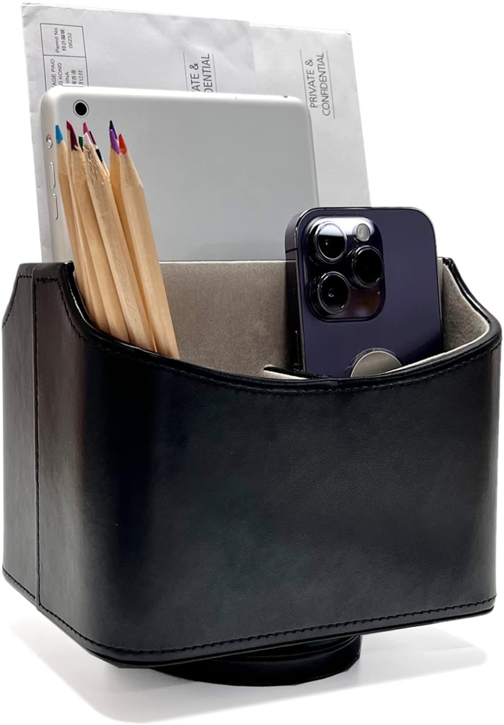 Rotating Desk Organizer, 360 Degree Desk Spinning Caddy, Desktop TV Guide/Mail/Media/Remote Controller Holder Organizer, Grey Linen Texture