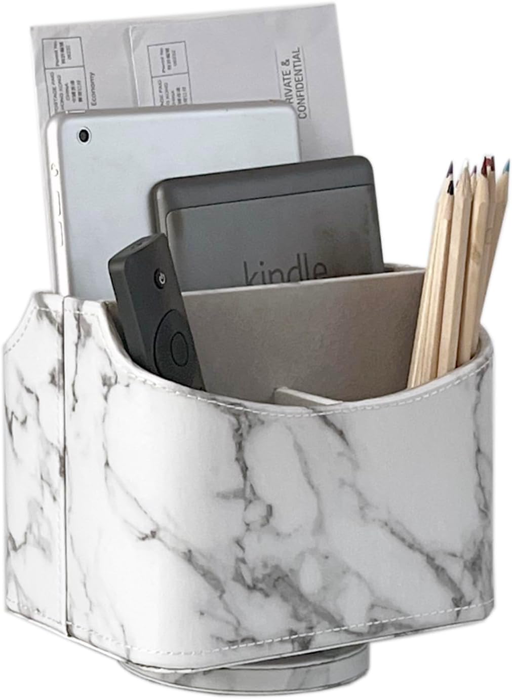 Rotating Desk Organizer, 360 Degree Desk Spinning Caddy, Desktop TV Guide/Mail/Media/Remote Controller Holder Organizer, Grey Linen Texture