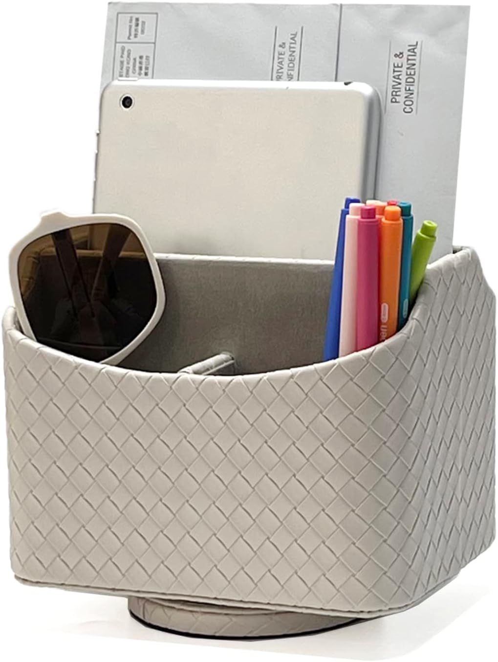 Rotating Desk Organizer, 360 Degree Desk Spinning Caddy, Desktop TV Guide/Mail/Media/Remote Controller Holder Organizer, Grey Linen Texture